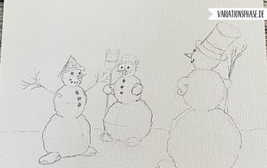 Vorzeichnung mit Bleistift von drei Schneemännern