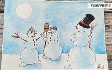 Finale Illustration von drei Schneemännern mit Aquarell-Koloration und Fineliner-Outlines
